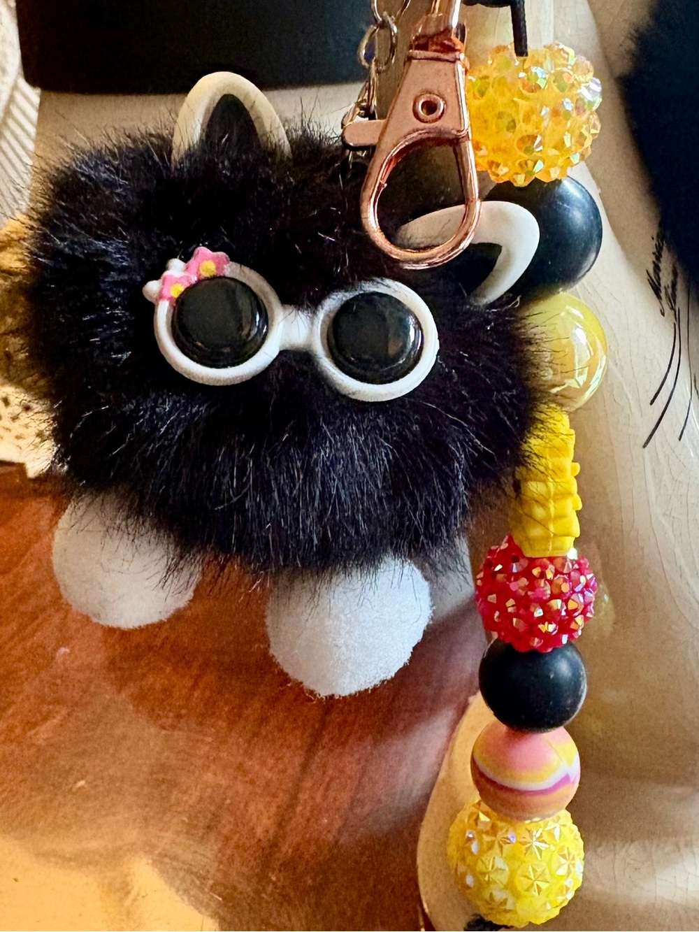 Black cat bag charm with beaded sunflower keychain